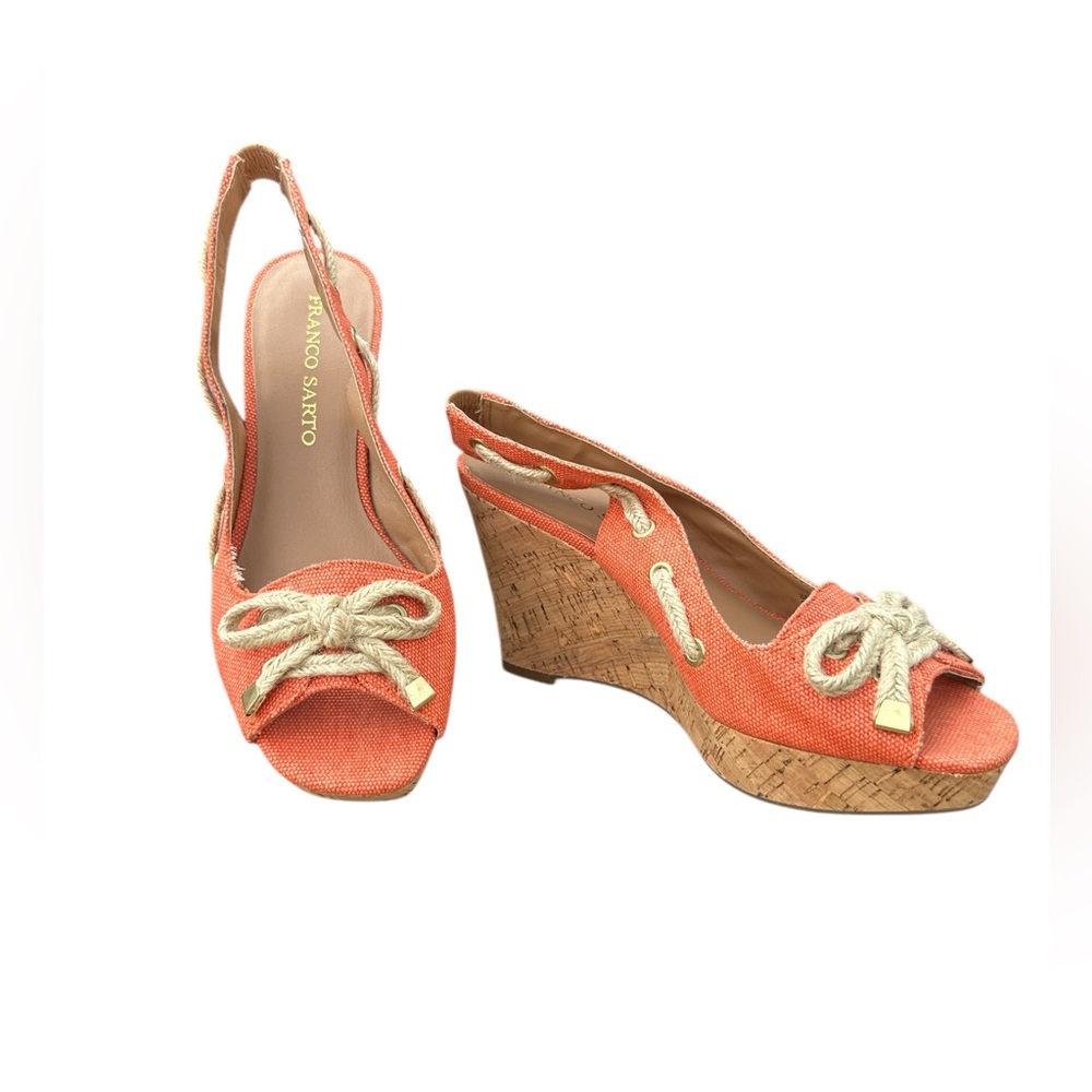 FRANCO‎ SARTO Tangerine Laced Cliff Cork Slingback Wedge Heel Sandal Womens Sz 8